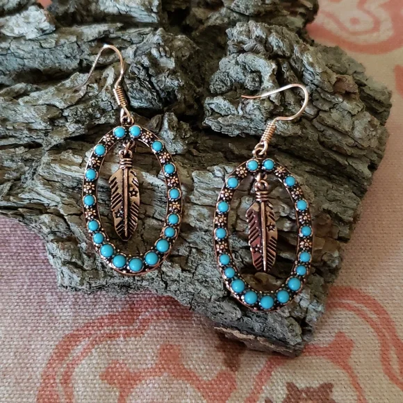 Feather Hoop Earrings. Oval Flower Floral Copper Color Boho Cowgirl Western - Picture 9 of 9